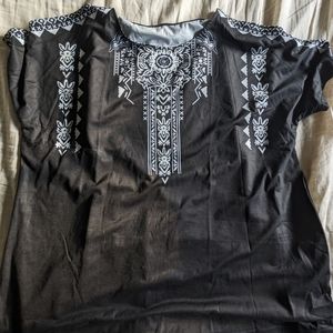 Black short sleeve printed embroidery shirt, 5X
